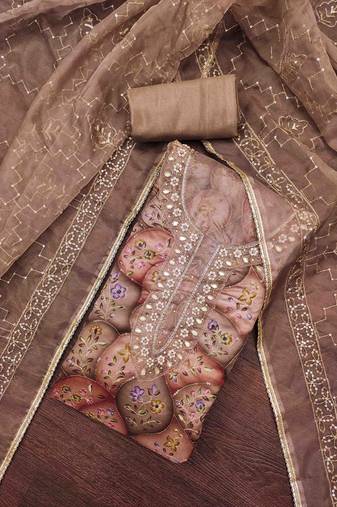 brown viscose organza handwork unstitched dress material