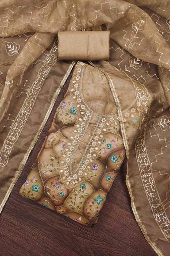 coffee viscose organza handwork unstitched dress material