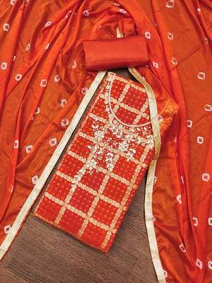 orange roman cotton silk handwork unstitched dress material 1