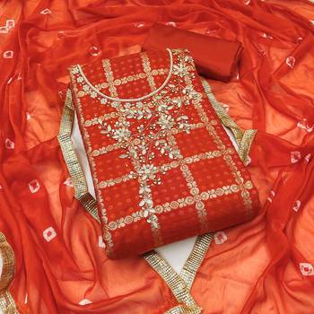 orange roman cotton silk handwork unstitched dress material 2