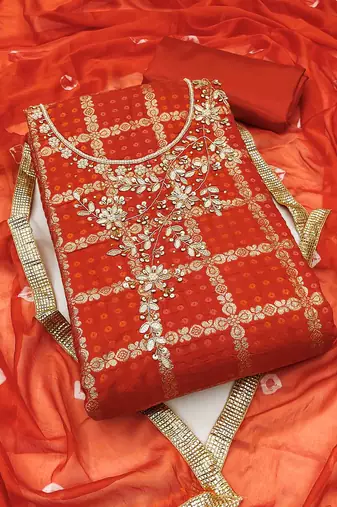 orange roman cotton silk handwork unstitched dress material