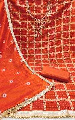 orange roman cotton silk handwork unstitched dress material 3