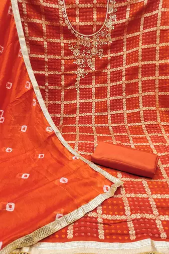 orange roman cotton silk handwork unstitched dress material