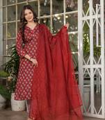 Women's Printed Pure Cotton Straight Kurta Pant and Dupatta Set