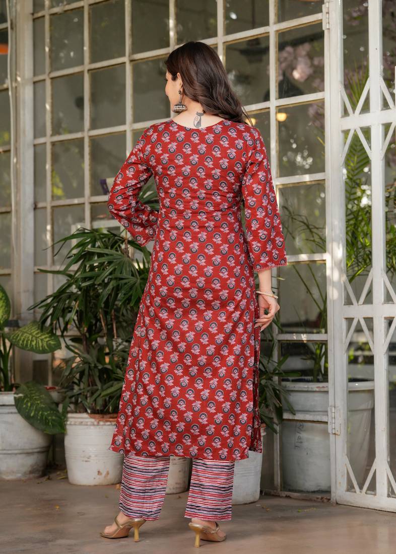 Women's Printed Pure Cotton Fabric Straight Kurta, Pant and Dupatta Set