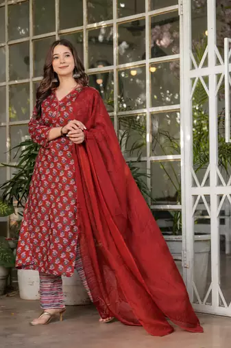 Women's Printed Pure Cotton Straight Kurta Pant and Dupatta Set
