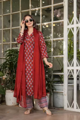 Women's Printed Pure Cotton Straight Kurta Pant and Dupatta Set