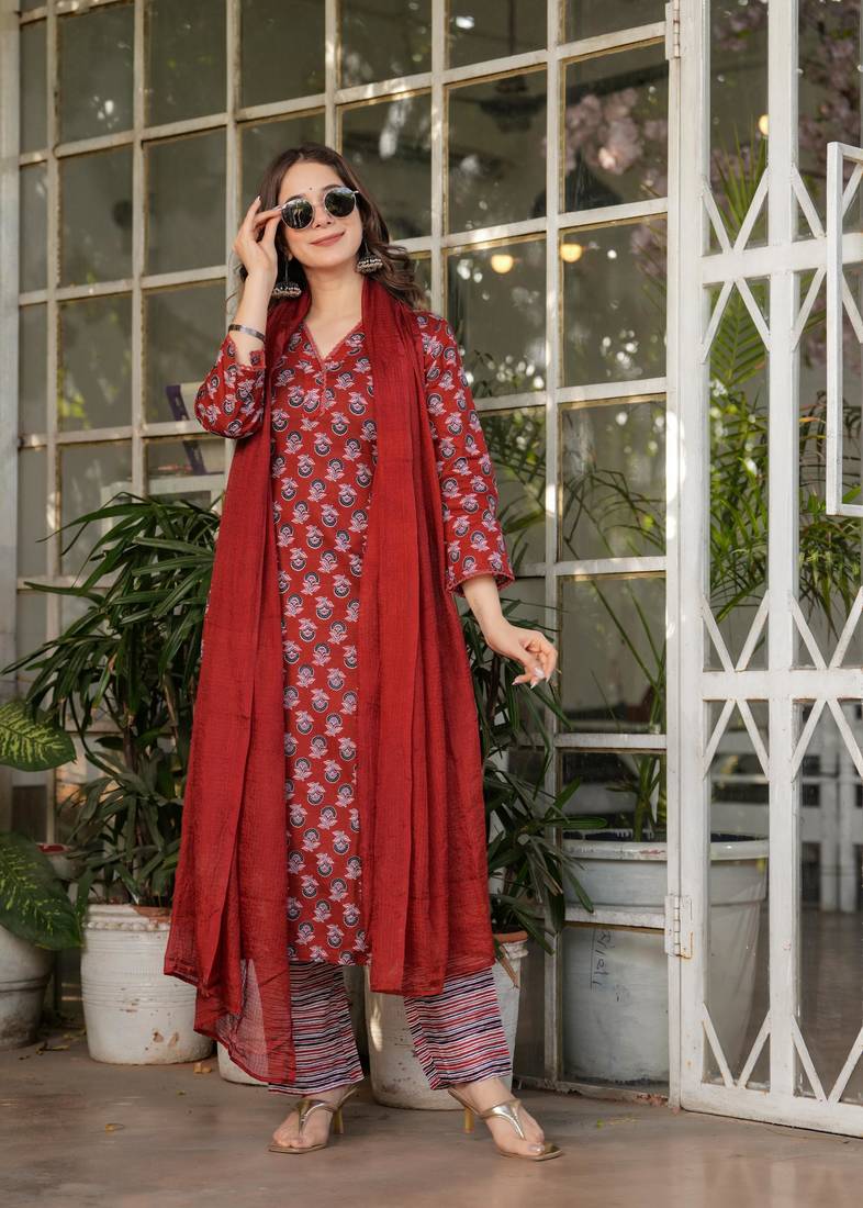 Women's Printed Pure Cotton Fabric Straight Kurta, Pant and Dupatta Set