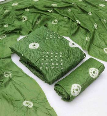 green chanderi cotton bandhni unstitched dress material 1