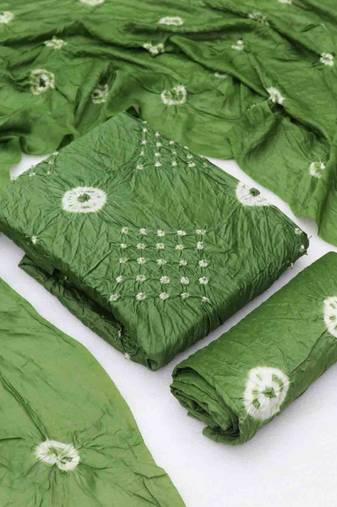 green chanderi cotton bandhni unstitched dress material