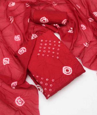red chanderi cotton bandhni unstitched dress material 2