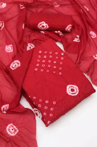 red chanderi cotton bandhni unstitched dress material
