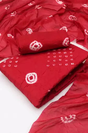 red chanderi cotton bandhni unstitched dress material