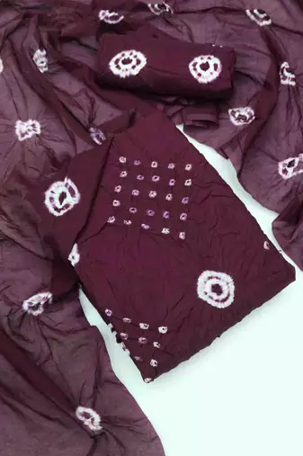 wine chanderi cotton bandhni unstitched dress material