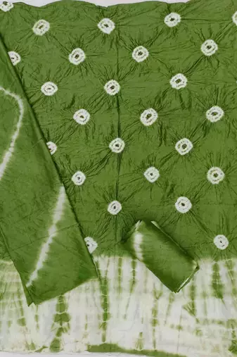 Women's green chanderi cotton bandhni unstitched dress material