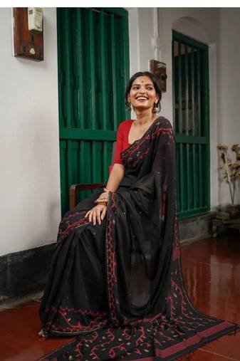 Black Handloom Cotton Jamdani Saree with blouse piece