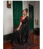 Black Handloom Cotton Jamdani Saree with blouse piece
