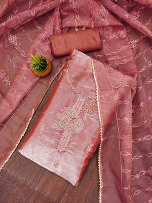 rust barbaric silk embroidered work unstitched dress material 1