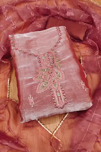 rust barbaric silk embroidered work unstitched dress material