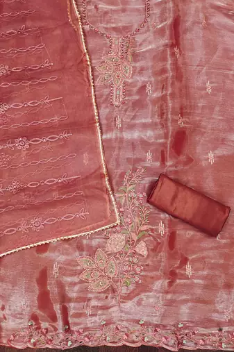 rust barbaric silk embroidered work unstitched dress material