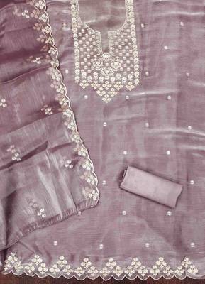 lavender barbaric silk embroidered work unstitched dress material 3