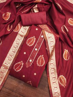 maroon shimmer jacquard woven design work unstitched dress material 1