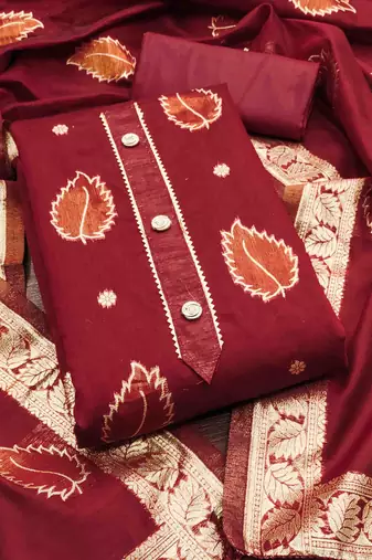 maroon shimmer jacquard woven design work unstitched dress material