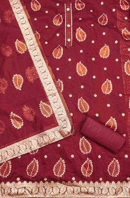 maroon shimmer jacquard woven design work unstitched dress material 3
