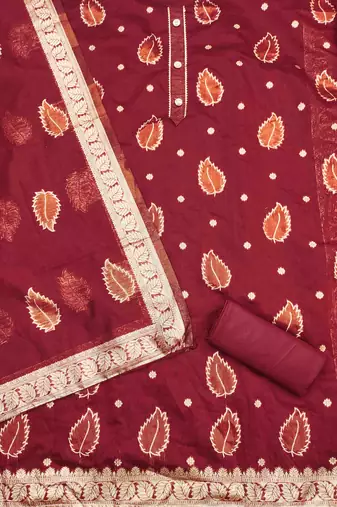 maroon shimmer jacquard woven design work unstitched dress material