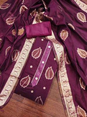 wine shimmer jacquard woven design work unstitched dress material 1