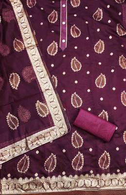 wine shimmer jacquard woven design work unstitched dress material 3