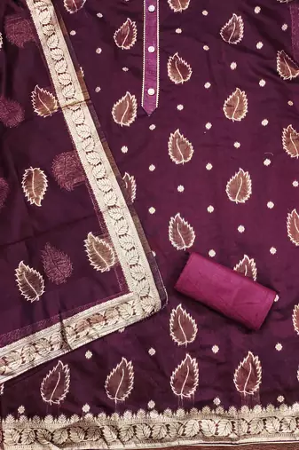 wine shimmer jacquard woven design work unstitched dress material