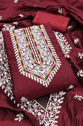maroon modal hand work unstitched dress material