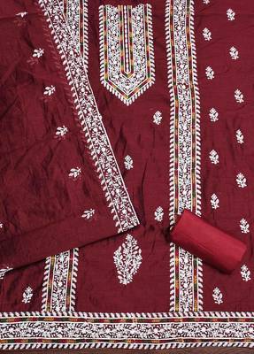 maroon modal hand work unstitched dress material 3