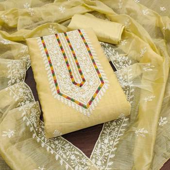 yellow modal hand work unstitched dress material 2
