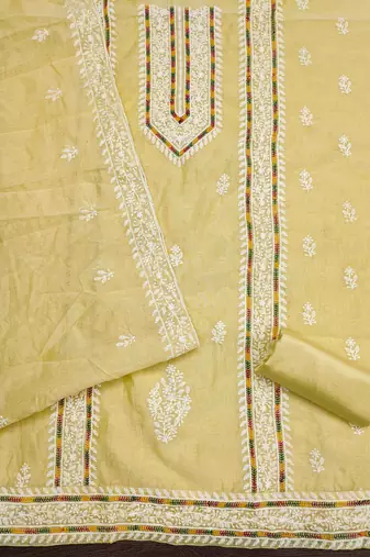 yellow modal hand work unstitched dress material