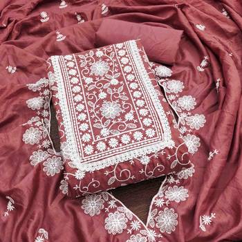 light maroon silk chikankari work unstitched dress material 2