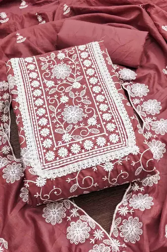 light maroon silk chikankari work unstitched dress material