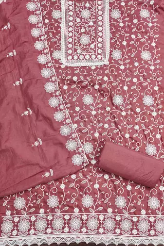 light maroon silk chikankari work unstitched dress material