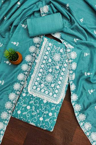 turquoise silk chikankari work unstitched dress material