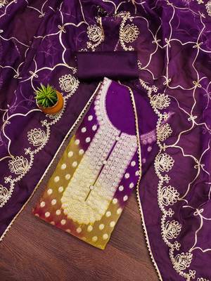 purple organza jcquard wowen design work unstitched dress material 1