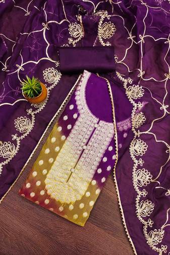 purple organza jcquard wowen design work unstitched dress material