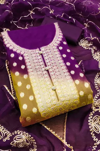 purple organza jcquard wowen design work unstitched dress material