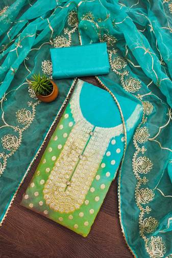 turquoise organza jcquard wowen design work unstitched dress material