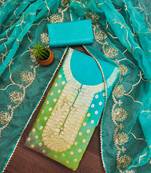 turquoise organza jcquard wowen design work unstitched dress material