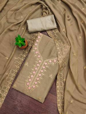 khaki gerogette zari embroidered work unstitched dress material 1