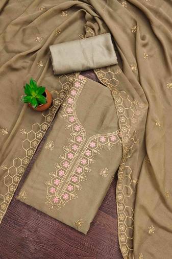 khaki gerogette zari embroidered work unstitched dress material