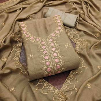 khaki gerogette zari embroidered work unstitched dress material 2