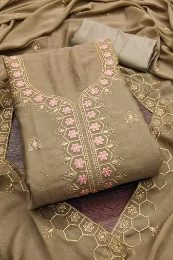 khaki gerogette zari embroidered work unstitched dress material