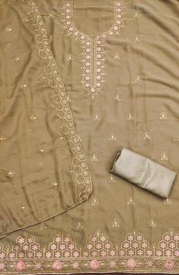 khaki gerogette zari embroidered work unstitched dress material 3